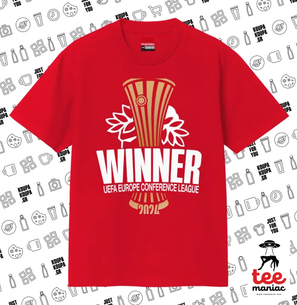 Europa Conference League WINNER — ΚΟΚΚΙΝΟ Κλασικό T-Shirt, διπλής ραφής, χωρίς πλευρικές ραφές από 100% βαμβάκι. Vegan & OEKO-TEX πιστοποιημένο.