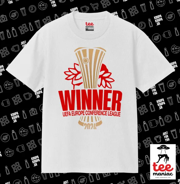 Europa Conference League WINNER — ΛΕΥΚΟ Κλασικό T-Shirt, διπλής ραφής, χωρίς πλευρικές ραφές από 100% βαμβάκι. Vegan & OEKO-TEX πιστοποιημένο.
