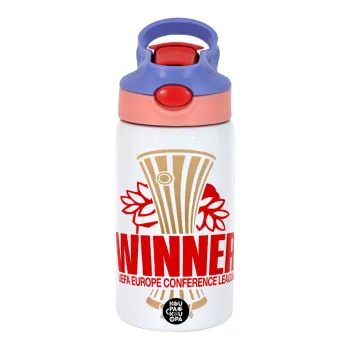 Europa Conference League WINNER, Children's hot water bottle, stainless steel, with safety straw, pink/purple (350ml)