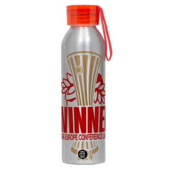 Europa Conference League WINNER, Αλουμινένιο Αθλητικό Μπουκάλι 650ml – Ασημί με Κόκκινο Καπάκι και Λουράκι Σιλικόνης