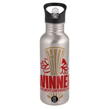 Europa Conference League WINNER, Παγούρι νερού Ασημένιο με καλαμάκι, ανοξείδωτο ατσάλι 600ml