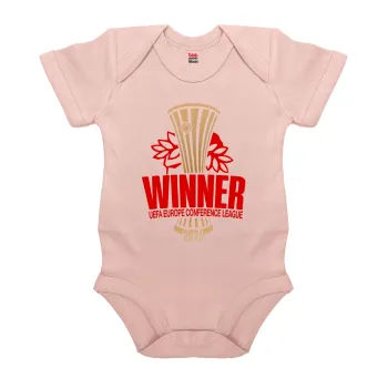 Europa Conference League WINNER, Βρεφικό φορμάκι μωρού, 0-18 μηνών, ΡΟΖ POWDER, 100% Organic Cotton, κοντομάνικο