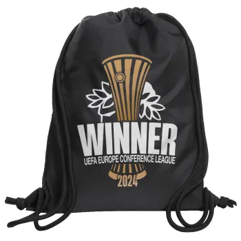 Europa Conference League WINNER, Τσάντα πλάτης πουγκί GYMBAG Μαύρη, με τσέπη (40x48cm) & χονδρά κορδόνια