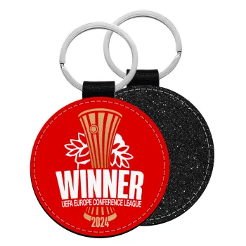 Europa Conference League WINNER, Μπρελόκ Δερματίνη, στρογγυλό ΜΑΥΡΟ (5cm)