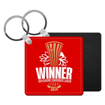 Europa Conference League WINNER, Μπρελόκ Δερματίνη, τετράγωνο ΜΑΥΡΟ (5x5cm)