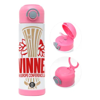 Europa Conference League WINNER, Παιδικό παγούρι θερμό, ανοξείδωτο, με καλαμάκι ασφαλείας, ΡΟΖ (500ml)