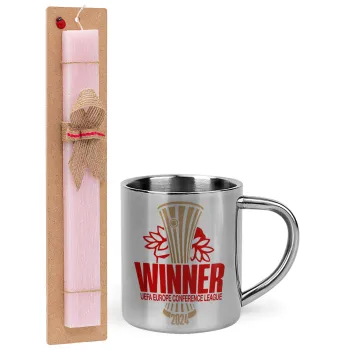 Europa Conference League WINNER, Easter Set, metallic thermal cup (300ml) & aromatic flat Easter candle (30cm) (PINK)