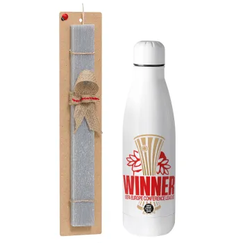 Europa Conference League WINNER, Easter Set, metallic stainless thermos bottle (500ml) & scented flat Easter candle (30cm) (GRAY)