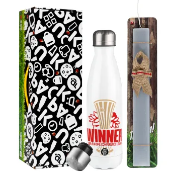 Europa Conference League WINNER, Easter candle, metallic white thermos bottle (500ml) & aromatic flat candle (30cm) (GRAY)