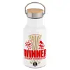 Metallic thermos (Stainless steel) White with wooden lid (bamboo), double-walled, 350ml