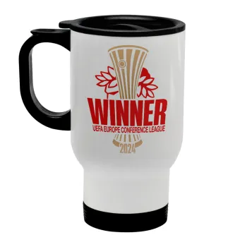 Europa Conference League WINNER, Stainless steel travel mug with lid, double wall white 450ml