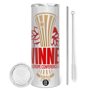 Europa Conference League WINNER, Tumbler ποτήρι θερμό από ανοξείδωτο ατσάλι 600ml, με μεταλλικό καλαμάκι & βούρτσα καθαρισμού