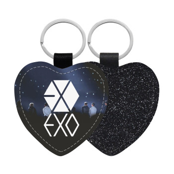 EXO Band korea, Μπρελόκ PU δερμάτινο glitter καρδιά ΜΑΥΡΟ