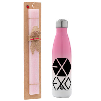 EXO Band korea, Easter Set, Metallic pink/white (Stainless steel) thermos, double-walled, 500ml & aromatic flat Easter candle (30cm) (PINK)