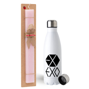 EXO Band korea, Πασχαλινή Λαμπάδα με μεταλλικό παγούρι ανοξείδωτο (750ml) & κερί αρωματικό πλακέ (30cm) (ΡΟΖ)