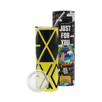 EXO Band korea, Neon Yellow Travel Tumbler, with metal straw (Stainless steel 304 Food grade, BPA free, 600ml)