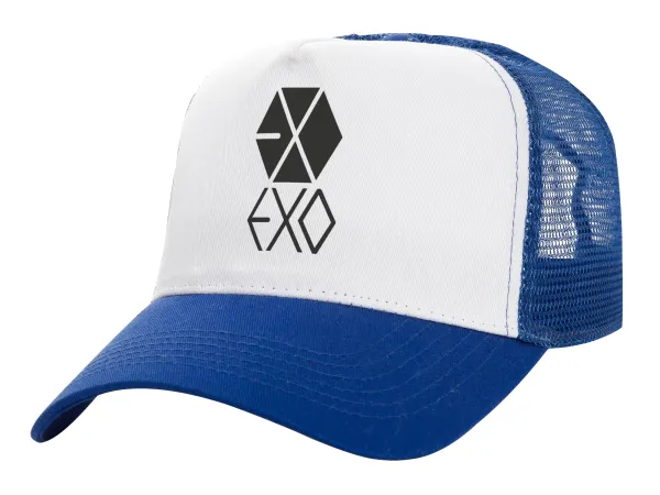 EXO Band korea — Καπέλο Ενηλίκων Structured Trucker, με Δίχτυ, ΛΕΥΚΟ/ΜΠΛΕ (100% ΒΑΜΒΑΚΕΡΟ, ΕΝΗΛΙΚΩΝ, UNISEX, ONE SIZE)
