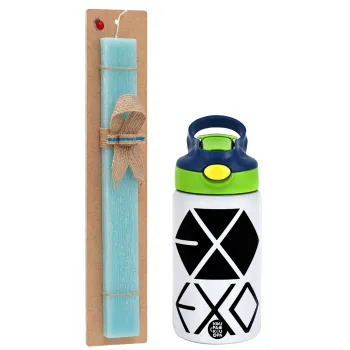 EXO Band korea, Easter Set, Children's thermal stainless steel bottle with safety straw, green/blue (350ml) & aromatic flat Easter candle (30cm) (TURQUOISE)