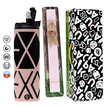 EXO Band korea, Easter candle,Travel Tumbler 2 Lids, with metal straw & cleaning brush & aromatic flat candle (30cm) (PINK)