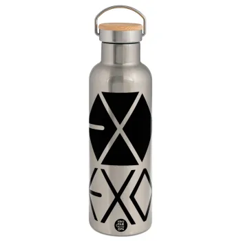 EXO Band korea, Μεταλλικό παγούρι θερμός (Stainless steel) Ασημένιο με ξύλινο καπακι (bamboo), διπλού τοιχώματος, 750ml