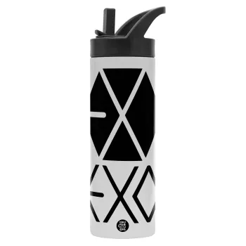 EXO Band korea, Μεταλλικό παγούρι θερμός με καλαμάκι & χειρολαβή, ανοξείδωτο ατσάλι (Stainless steel 304), διπλού τοιχώματος, 600ml