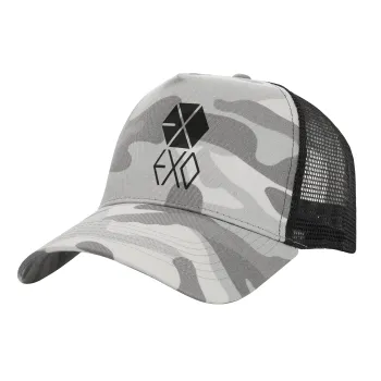 EXO Band korea, Adult Structured Trucker Hat, with Mesh, (Camouflage) Army Camo (100% COTTON, ADULT, UNISEX, ONE SIZE)