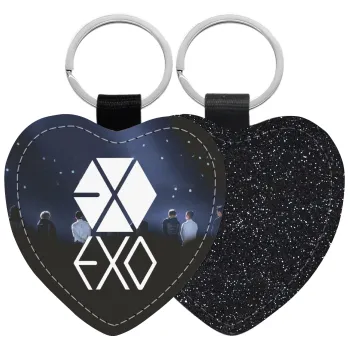 EXO Band korea, Μπρελόκ PU δερμάτινο glitter καρδιά ΜΑΥΡΟ