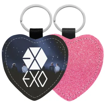 EXO Band korea, Μπρελόκ PU δερμάτινο glitter καρδιά ΡΟΖ
