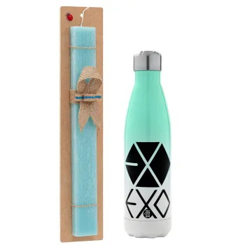 EXO Band korea, Πασχαλινή Λαμπάδα με Μεταλλικό παγούρι θερμός Πράσινο/Λευκό (Stainless steel), διπλού τοιχώματος, 500ml & κερί αρωματικό πλακέ (30cm) (ΤΙΡΚΟΥΑΖ)
