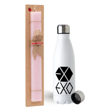 EXO Band korea, Easter Set, metallic stainless steel water bottle (750ml) & scented flat Easter candle (30cm) (PINK)