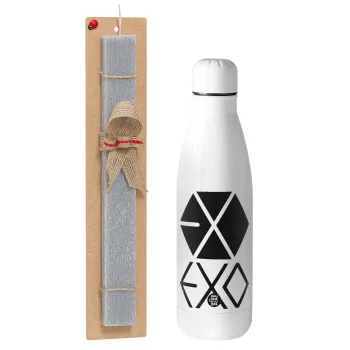 EXO Band korea, Πασχαλινή Λαμπάδα με μεταλλικό παγούρι θερμός ανοξείδωτο (500ml) & κερί αρωματικό πλακέ (30cm) (ΓΚΡΙ)