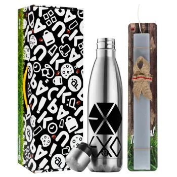 EXO Band korea, Easter Set, metallic stainless thermos flask (500ml) & scented flat Easter candle (30cm) (GRAY)