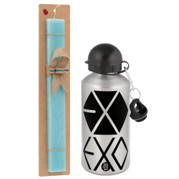 EXO Band korea, Easter Set, metallic silver aluminum water bottle (500ml) & scented flat Easter candle (30cm) (TURQUOISE)