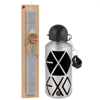 EXO Band korea, Πασχαλινή Λαμπάδα με παγούρι μεταλλικό Ασημένιο αλουμινίου (500ml) & κερί αρωματικό πλακέ (30cm) (ΓΚΡΙ)