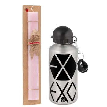EXO Band korea, Πασχαλινή Λαμπάδα με παγούρι μεταλλικό Ασημένιο αλουμινίου (500ml) & κερί αρωματικό πλακέ (30cm) (ΡΟΖ)