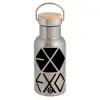 Stainless steel metallic thermos flask, silver with a bamboo lid, double-walled, 350ml.
