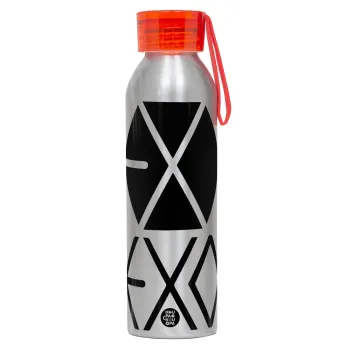 EXO Band korea, Αλουμινένιο Αθλητικό Μπουκάλι 650ml – Ασημί με Κόκκινο Καπάκι και Λουράκι Σιλικόνης