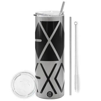 EXO Band korea, Tumbler ποτήρι θερμό Ασημένιο από ανοξείδωτο ατσάλι 600ml, με μεταλλικό καλαμάκι & βούρτσα καθαρισμού