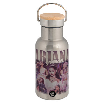 Ariana Grande, Μεταλλικό παγούρι θερμός (Stainless steel) Ασημένιο με ξύλινο καπακι (bamboo), διπλού τοιχώματος, 350ml