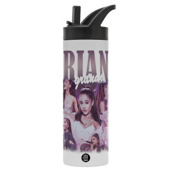 Ariana Grande, Metallic thermos bottle with straw & handle, stainless steel (Stainless steel 304), double-walled, 600ml.