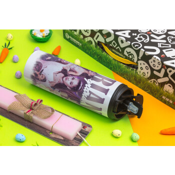 Ariana Grande, Easter candle,Travel Tumbler 2 Lids, with metal straw & cleaning brush & aromatic flat candle (30cm) (PINK)