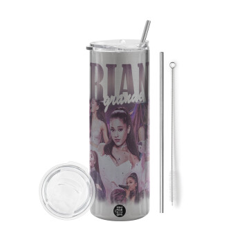 Ariana Grande, Tumbler stainless steel Silver 600ml, with metal straw & cleaning brush