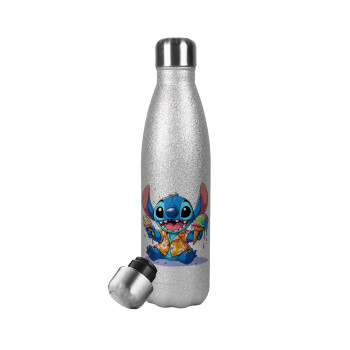 Stitch Ice cream, Metallic Glitter Silver Thermos Flask (Stainless steel), double-walled, 500ml