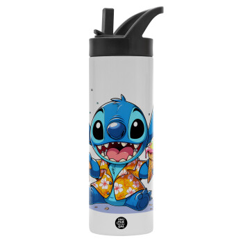 Stitch Ice cream, Μεταλλικό παγούρι θερμός με καλαμάκι & χειρολαβή, ανοξείδωτο ατσάλι (Stainless steel 304), διπλού τοιχώματος, 600ml