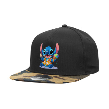 Stitch Ice cream, Adult Flat Snapback Hat Black/Camouflage, (100% COTTON TWILL, ADULT, UNISEX, ONE SIZE)