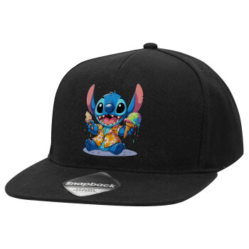 Stitch Ice cream, Adult Flat Snapback Hat Black, (100% COTTON TWILL, ADULT, UNISEX, ONE SIZE)