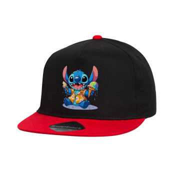 Stitch Ice cream, Καπέλο παιδικό Flat Snapback, Μαύρο/Κόκκινο (100% ΒΑΜΒΑΚΕΡΟ, ΠΑΙΔΙΚΟ, UNISEX, ONE SIZE)