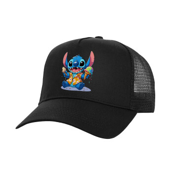 Stitch Ice cream, Structured Trucker Adult Hat, with Mesh, Black (100% COTTON, ADULT, UNISEX, ONE SIZE)