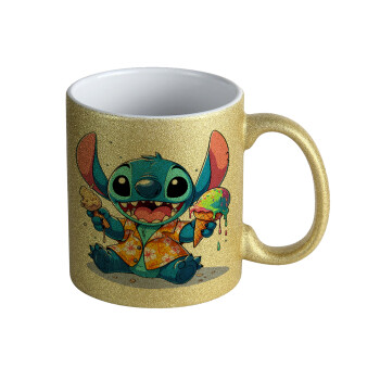 Stitch Ice cream, Κούπα Χρυσή Glitter που γυαλίζει, κεραμική, 330ml