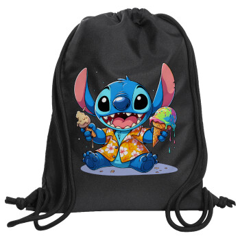 Stitch Ice cream, Τσάντα πλάτης πουγκί GYMBAG Μαύρη, με τσέπη (40x48cm) & χονδρά κορδόνια
